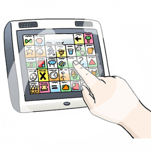 Ein Bildschirm mit Lautsprechern. Darauf sind Symbole. Ein Finger tippt auf ein Symbol.