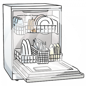 Eine offene Spülmaschine mit Geschirr.