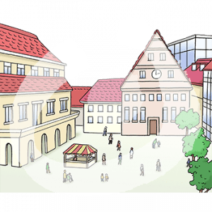 Ein von Gebäuden gesäumter Platz mit Menschen.