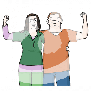 Zwei Personen stehen Arm in Arm nebeneinander und strecken den anderen Arm nach oben. Sie schauen selbstbewusst und fröhlich nach vorne.