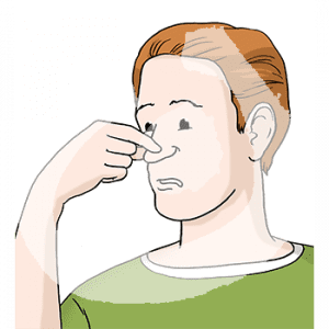 Portraitansicht einer Person die sich mit den Fingern die Nase zu hält.