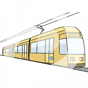 Eine Straßenbahn. Auf einer Tür ist ein Rollstuhlfahrersymbol.