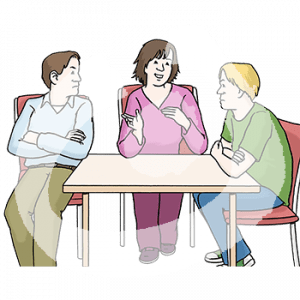 Zwei wütende Personen sitzen sich an einem Tisch gegenüber. In der Mitte sitzt eine lächelnde, gestikulierende Person.