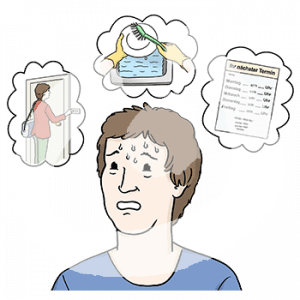 Portraitansicht einer schwitzenden, gestressten Person mit drei Gedankenblasen. In der ersten ist eine Person die an einer Tür klingelt, in der zweiten zwei Hände die den Abwasch machen und in der dritten ein Terminplan.