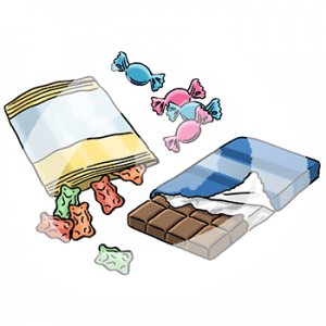 Eine offene Gummibärchentüte, eine offene Schokoladentafel und Bonbons.