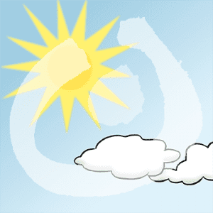 Blauer Himmel, wenige Wolken und die Sonne.