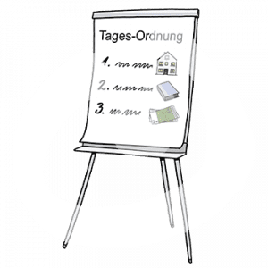 Ein Flipchart mit der Überschrift Tagesordnung und den Punkten 1. , 2., und 3. mit Schrift und Bildern.
