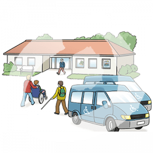 Eine Person schiebt eine Person im Rollstuhl auf ein Gebäude zu. Dahinter läuft eine Person mit Langstock. Daneben stehen zwei Fahrzeuge mit Rollstuhlfahrersymbolen.