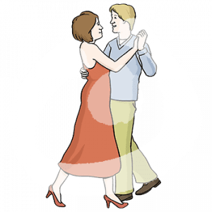 Zwei Personen stehen in Tanzhaltung voreinander.