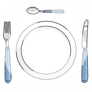 Ein Teller mit Gabel, Messer und Löffel.