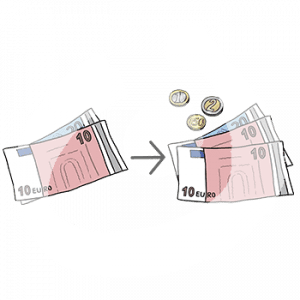 Ein Pfeil führt von einem 20 Euro Schein und einem 10 Euro Schein zu zwei 10 Euro Scheine, ein 20 Euro Schein und Münzen.