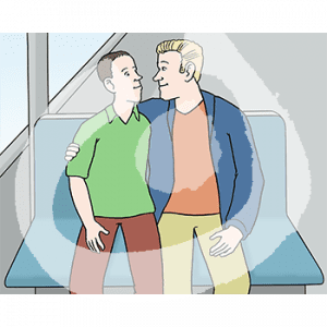 Zwei Männer sitzen Arm in Arm auf einer Bank und schauen sich an.