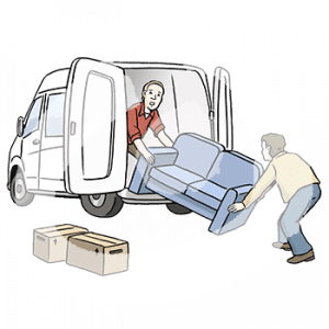 Eine Person steht in einem Lieferwagen und zieht ein Sofa nach oben. Davor steht eine andere Person und drückt das Sofa nach oben. Daneben stehen zwei Umzugskisten.