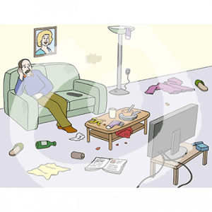 Eine Person sitzt auf einem Sofa in einem Wohnzimmer. Überall liegen Klamotten, Dreck und dreckiges Geschirr.