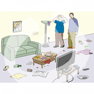 Zwei erschrockene Personen stehen in einem Wohnzimmer. Überall liegen Klamotten, Dreck und dreckiges Geschirr.