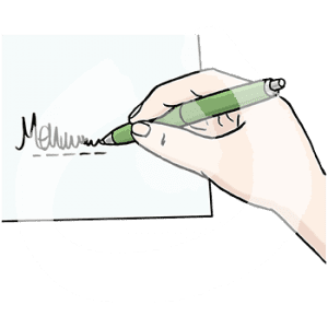 Eine Hand unterschreibt auf einem Blatt.