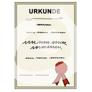 Ein Dokument mit der Überschrift: Urkunde, Schrift und einer Preisschleife.