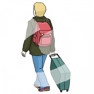 Eine Person mit Rucksack und Koffern von hinten.