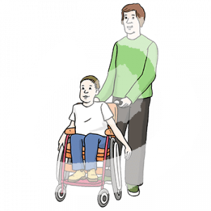 Ein Mann steht neben einem Kind im Rollstuhl.