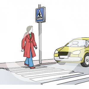 Eine Person geht über einen Zebrastreifen. Davor steht ein wartendes Auto.