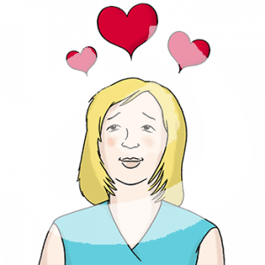 Portraitansicht einer Frau mit rosa Wangen und drei Herzsymbolen über dem Kopf.