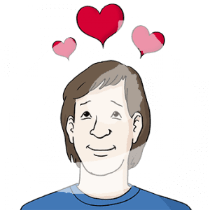 Portraitansicht eines verträumten Mannes mit drei Herzsymbolen über dem Kopf.