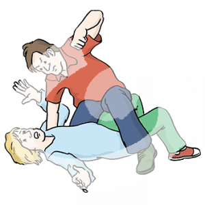 Eine ängstliche Person liegt mit ausgestreckten Armen auf dem Boden. Auf ihr hockt eine wütende Person mit erhobener Faust.