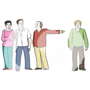 Drei Personen stehen zusammen. Eine Person zeigt in Richtung einer ängstlichen, allein stehenden Person.