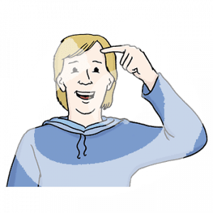 Portraitansicht einer Person, die sich einen Finger an den Kopf hält.