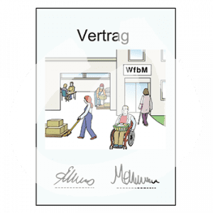 Ein Dokument mit der Überschrift: Vertrag, einem Bild von arbeitenden Menschen in einer Werkstatt und zwei Unterschriften.