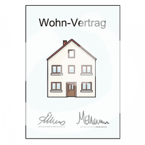 Dokument mit der Überschrift: Wohnvertrag, einem Bild eines Hauses und zwei Unterschriften.