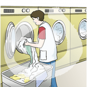Eine Person mit Kittel tut Wäsche in eine Waschmaschine. Daneben stehen zwei weitere Waschmaschinen.