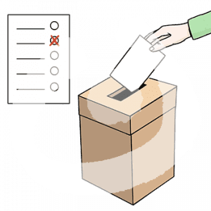 Eine Hand hält einen Zettel über einer Box mit Schlitz. Daneben ist ein Dokument mit Ankreuzmöglichkeiten. Eine hat ein Kreuz.