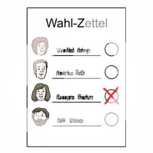 Ein Dokument mit der Überschrift: Wahlzettel. Darunter sind Portraits von Personen mit Namen und Ankreuzmöglichkeiten. Eine Möglichkeit ist angekreuzt.
