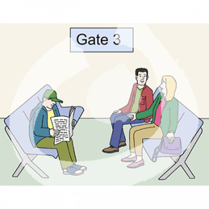 Drei Personen sitzen auf Bänken. An der Wand ist die Aufschrift: Gate 3.