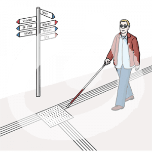 Eine Person mit einem Leitstock geht auf einem Weg. Auf dem Boden ist ein taktiles Leitsystem. Daneben stehen Wegweiser.