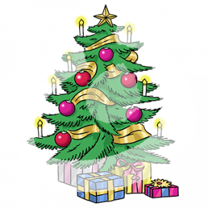 Ein geschmückter Weihnachtsbaum mit brennendes Kerzen und Geschenken darunter.