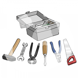 Eine offene Werkzeugkiste. Davor liegen Werkzeuge. Zum Beispiel, ein Hammer, eine Zange und eine Säge.