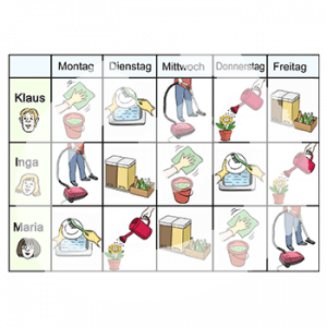 Ein Wochenplan mit den Wochentagen in der obersten Zeile und den Portraits von drei Personen in de ersten Spalte. Pro Tag und pro Person gibt es ein Bild. Zum Beispiel: Mülleimer, Staubsaugen und Blumen gießen.