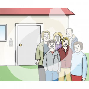 Eine Gruppe von Menschen mit Behinderung stehen vor einem Haus.