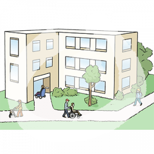 Außenansicht eines großen Gebäudes. Eine Person im Rollstuhl fährt in das Gebäude. Davor laufen verschiedene Personen.