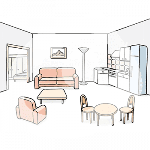 Ein Raum mit einer Küchenzeile, einem Essbereich und einem Sofa mit Tisch und Sessel. Hinter einem Durchgang steht ein Schrank und ein Bett.