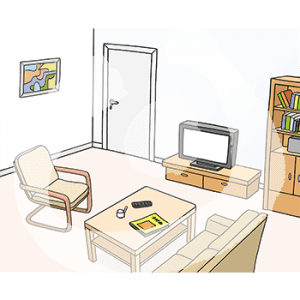 Ein Wohnzimmer mit einem Regal, einem Sofa, einem Sessel, einem Tisch und einem Fernseher.