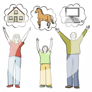 Drei Personen stehen mit über dem Kopf erhobenen Händen nebeneinander. Über jeder ist eine Gedankenblase. In der ersten ist ein Haus, in der zweiten ein Pferd und in der dritten ein Computer.