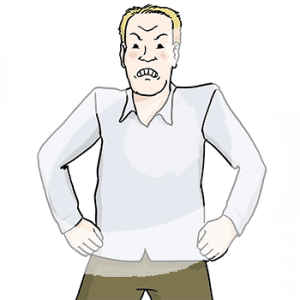 Ein wütender Mann mit hochgezogenen Schultern und geballten Fäusten.