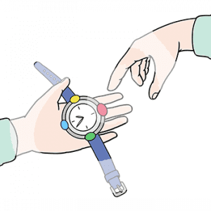 Eine Hand hält eine Armbanduhr. Ein Finger zeigt darauf.