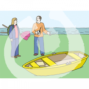 Eine Person mit Rucksack und Paddeln unterm Arm. Sie steht neben einer Person mit Farbtopf in der Hand. Sie zeigt auf ein Boot im Gras. Im Hintergrund ist das Wasser.