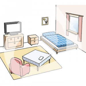 Ein Zimmer mit einem Bett, einem Sessel, einem kleinen Tisch und einem Fernseher auf einer Kommode.