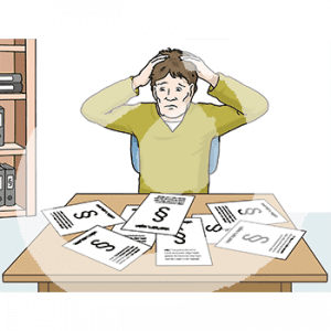 Eine verzweifelte Person sitzt an einem Tisch. Darauf liegen Zettel mit Paragraphenzeichen und Text.