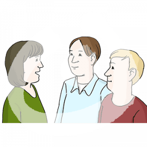 Portraitansicht von drei Personen. Eine hat den Mund geöffnet, die anderen gucken sie an.